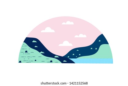 Illustrasion landscape flat with unique and cute plants and mountains for websites, banners and cards