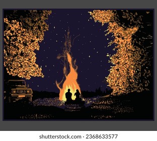 illustrat3, hand drawn camper couple vector , camping night with campfire vector art, mountain camping adventure graphic print design, forest camping artwork for t shirt, sticker, poster