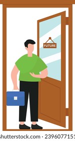 Illustrate the businessman's trajectory, forging ahead on the path to the future, depicted vividly in a compelling and visionary illustration.





