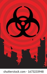 The illustrate of cities with pollution toxic environment with bio hazard symbol in BG.