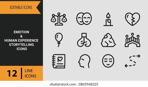 Illustrate complex psychological concepts and mental health awareness designs effectively using these emotion and human experience storytelling icons.
