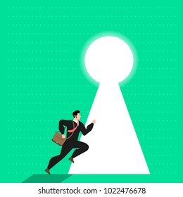Illustrate concept businessman run to door sign a key of success. Vector flat design.
