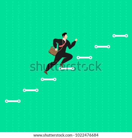 Illustrate concept the businessman run step up on stair like a graph to succes. Vector flat design.
