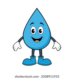 Illustrate a funny little droplet with legs and arms, standing upright with a cheerful smile, perfect for playful designs.
