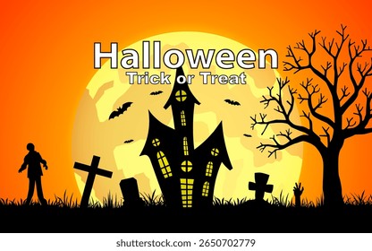 Illustrate halloween background with haunted house and spooky elements