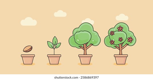 Illustrate the process of seeds becoming sprouts, sprouts becoming trees, and flowers growing on trees.