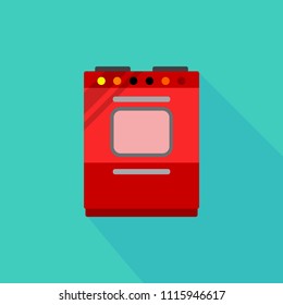 Illustrate of red stove with grey handle on bright blue background.