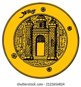 Illustrate a round coin and draw a castle like inside and draw small flowers on each corner