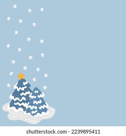 Illustrate some snowy blue fir trees as a side border with snowflakes, with a gold star on one of them and under the snow.
