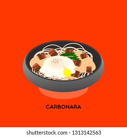 Illustrate of spaghetti carbonara server with posh egg and crispy bacon on grey earth-ware  on orange background.