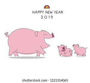 illustrate three pigs isolated on white, new year 2019