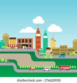 Illustrate vector flat design building on the sky and road have car and bike drive on.