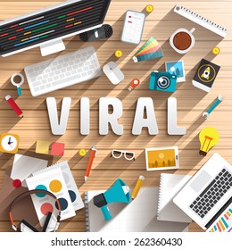 Illustrate vector  top view as concept desk work for text VIRAL.Flat design element around text for working.