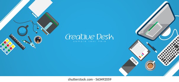Illustrate vector top view as concept desk work. Flat design element around text for working. Copy space.