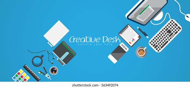 Illustrate vector top view as concept desk work. Flat design element around text for working. Copy space.