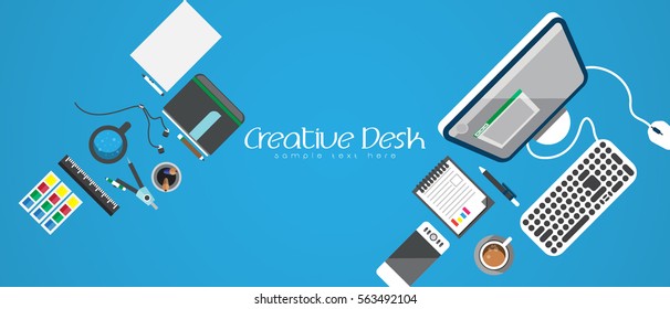 Illustrate vector top view as concept desk work. Flat design element around text for working. Copy space.