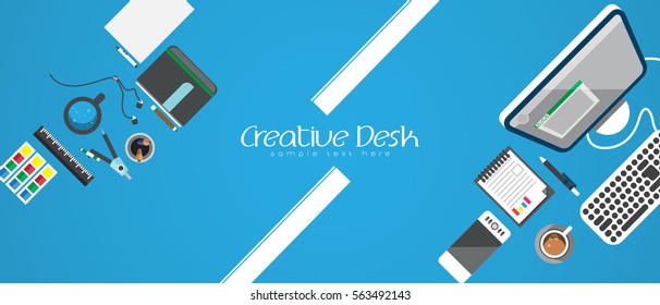 Illustrate vector top view as concept desk work. Flat design element around text for working. Copy space.