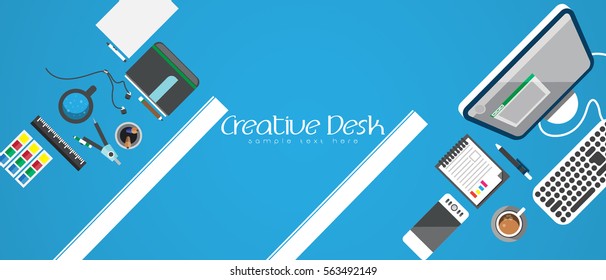 Illustrate vector top view as concept desk work. Flat design element around text for working. Copy space.