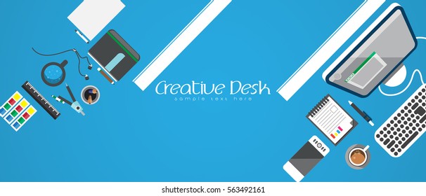 Illustrate vector top view as concept desk work. Flat design element around text for working. Copy space.