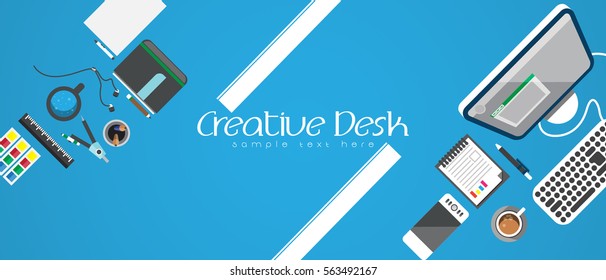 Illustrate vector top view as concept desk work. Flat design element around text for working. Copy space.