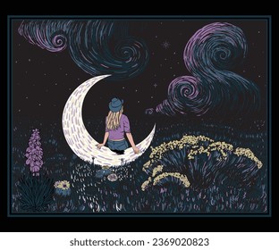 illustrate3, girl sitting on moon vector illustration, surrealistic hand drawn art inspire from van gogh, dreamy moonlit light graphic print, cowgirl dream