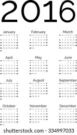 An Illustrated 2016 Calendar  Isolated