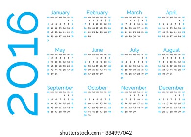 An Illustrated 2016 Calendar  Isolated
