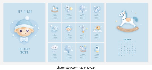 Illustrated 2022 calendar template with baby boy elements. Vector illustration