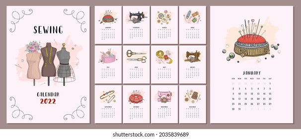 Illustrated 2022 calendar template with hand drawn vintage sewing tools and accesories. Vector illustration