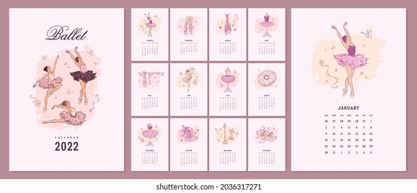 Illustrated 2022 calendar template with hand drawn ballet school elements. Vector illustration