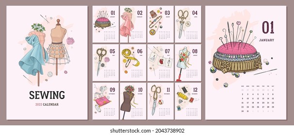 Illustrated 2022 calendar template with hand drawn vintage sewing tools and accesories. Vector illustration