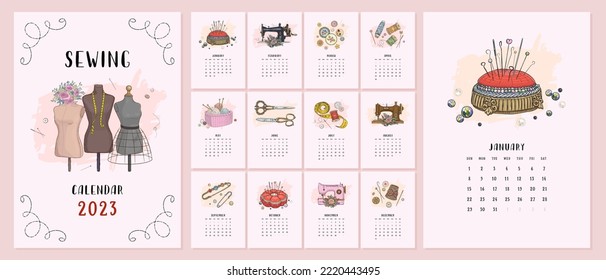 Illustrated 2023 calendar template with hand drawn vintage sewing tools and accesories. Vector illustration