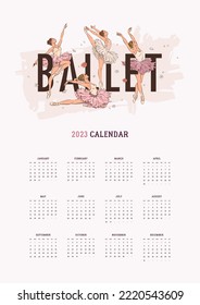 Illustrated 2023 calendar template with hand drawn ballerinas. Vector illustration