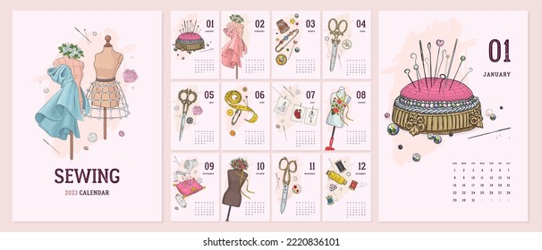 Illustrated 2023 calendar template with hand drawn vintage sewing tools and accesories. Vector illustration