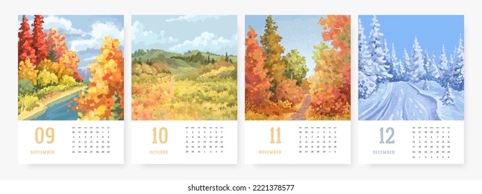 Plantilla de calendario 2023 ilustrada con paisaje natural dibujado a mano. Ilustración del vector