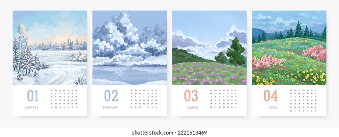 Plantilla de calendario 2023 ilustrada con paisaje natural dibujado a mano. Ilustración del vector