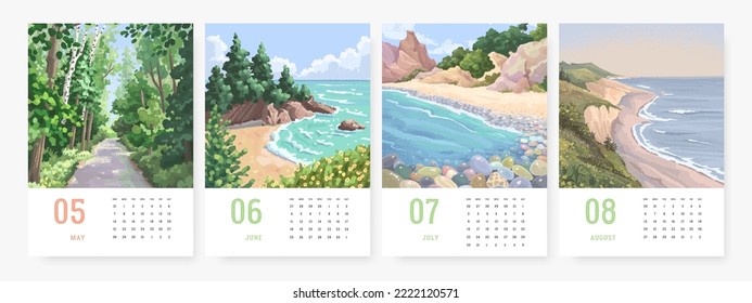 Plantilla de calendario 2023 ilustrada con paisaje natural dibujado a mano. Ilustración del vector