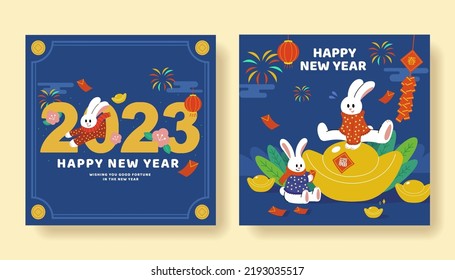 Illustrated 2023 chinese new year blue square greeting cards on light yellow background. One with 2023 typography rabbit hopping through 0. The other with 2 rabbits playing around big gold ingot.