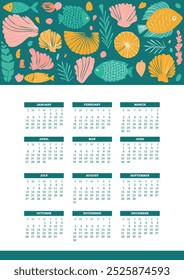 Illustrated 2025 calendar. Week starts on Sunday. Sea life themed, fishes, seaweeds and underwater elements.Yearly calendar. Whole Year Calendar stock illustration.
