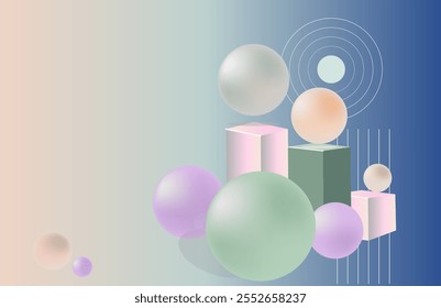 Illustrated 3D geometric background with colorful balls and decorations.