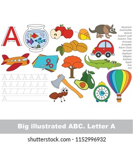Illustrated ABC, letter A, elements set, collection of coloring book template, the group of outline digital elements vector illustration, kid educational game page.