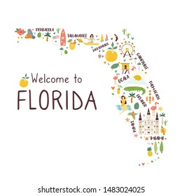 Illustrated abstract Florida map with icons, symbols, destinations, animals. Bright design for tour guides, prospects, banners, travel books, t shirt prints