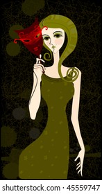 illustrated abstract girl with mask and grunge background | vector