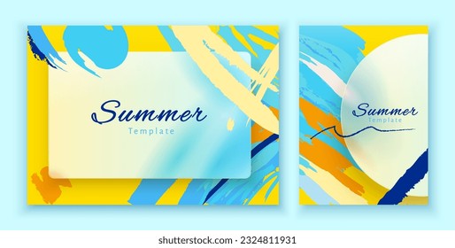 Illustrated abstract summer poster and banner template set with vibrant color brush stroke pattern isolated on light blue background