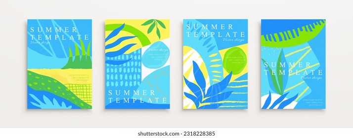 Illustrated abstract summer poster template set. Contrast color pattern with brush stroke texture and line art.