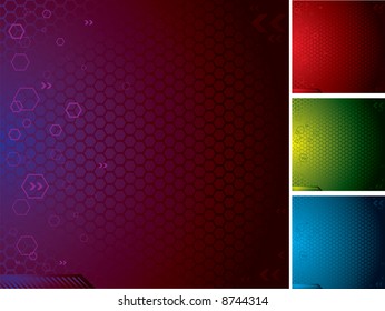 Illustrated abstract technical background with hexagons in four different colours