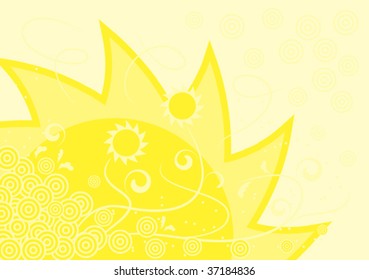 illustrated abstract yellow background with sun and flowers