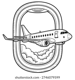 An illustrated airplane wing viewed through a circular window frame