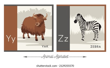Illustrated alphabet with animals for kids. Letter Y for yak and letter Z for zebra. Vector collection of wildlife.