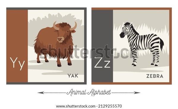 Illustrated\
alphabet with animals for kids. Letter Y for yak and letter Z for\
zebra. Vector collection of\
wildlife.